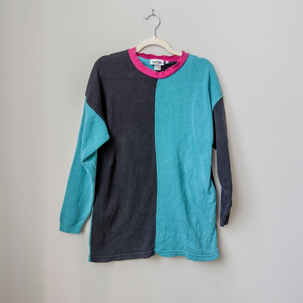 Eclectic Vintage 80's Teal Abstract Retro Cotton Colorblock Sweater Dress Size S - Picture 1 of 6